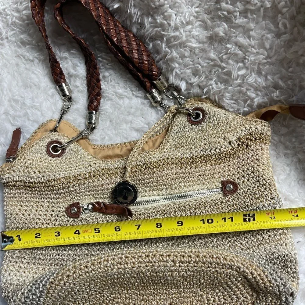 The SAK Crochet Sand,gray &khaki bucket style shoulder bag braided brown straps